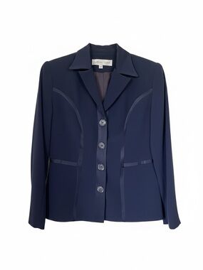 Classic Navy Button-Front Blazer with Ribbon Trim